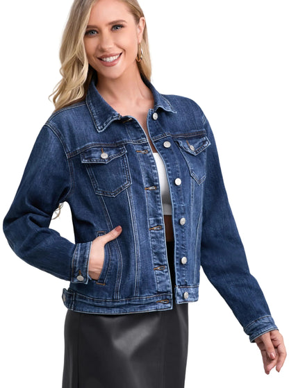 Muundim Dark Blue Jean Jackets for Women Stretch Womens Denim Jackets Fitted Casual Ladies Jean Trucker Coat