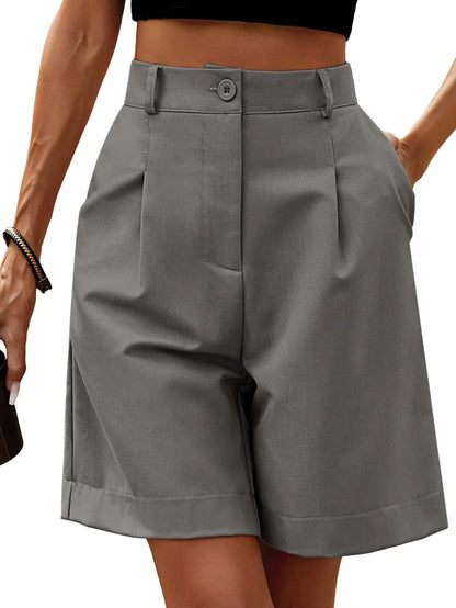 YKR Bermuda Shorts for Women Dressy Elastic High Waisted Knee Length Shorts Casual Wide Leg Summer Grey Shorts with Pockets