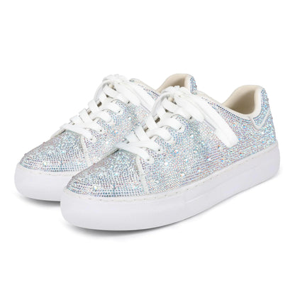 Womens Fashion Bling Rhinestone Sneakers Sparkly White Glitter Wedding Party Sneakers Tennis Shoes for Women