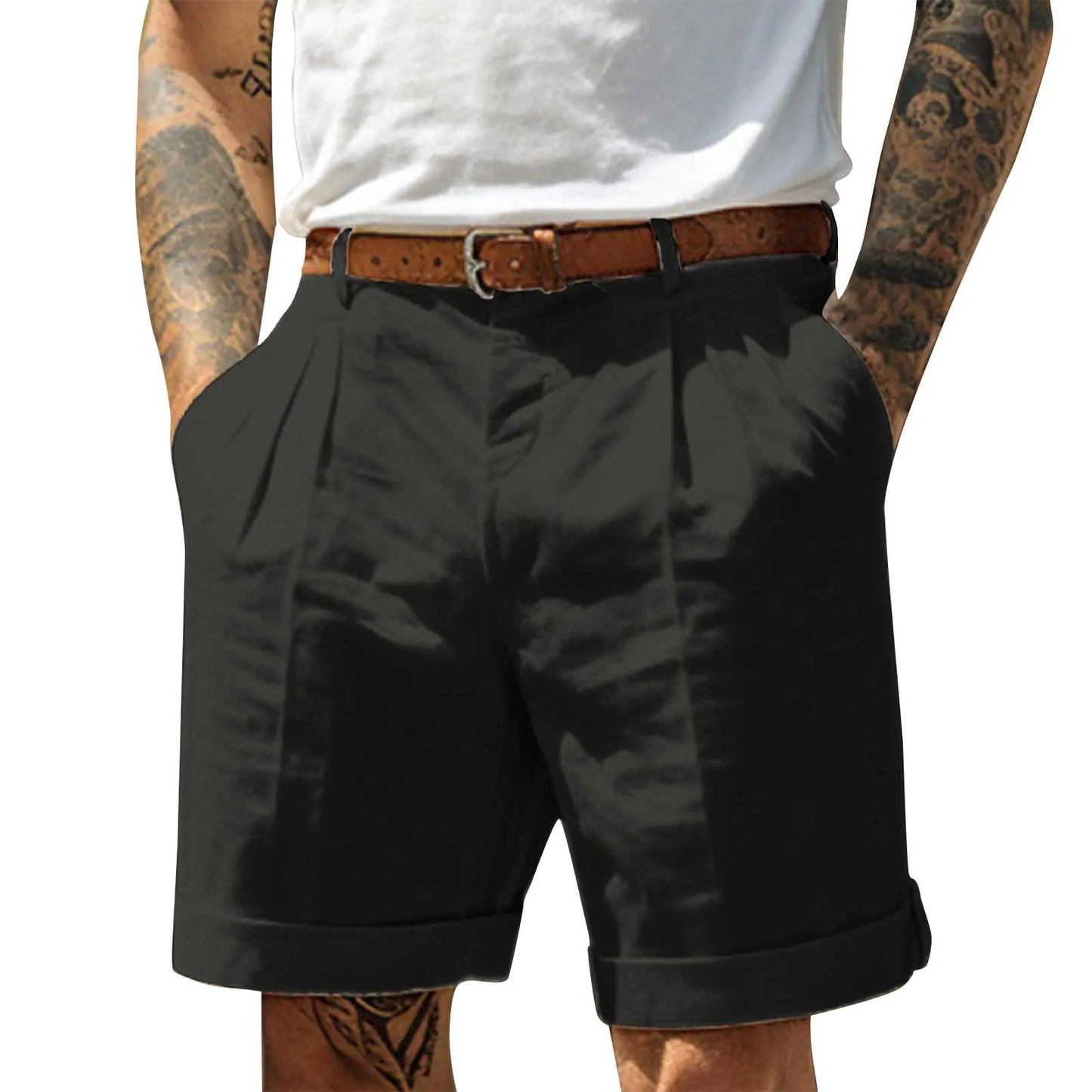 Ymosrh Workout Shorts Pleated Front Chino Casual Lightweight Summer Golf Shorts Men Athletic Bermuda Shorts (XXL Black)