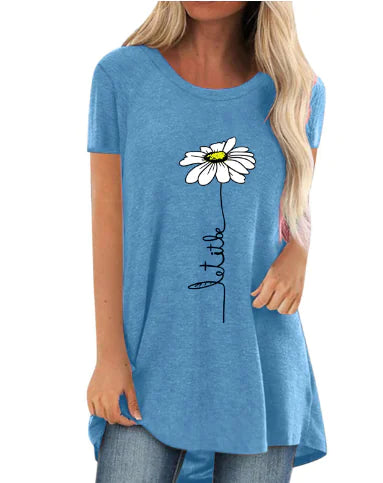 Embroidered Round Neck Chrysanthemum Print T-Shirt