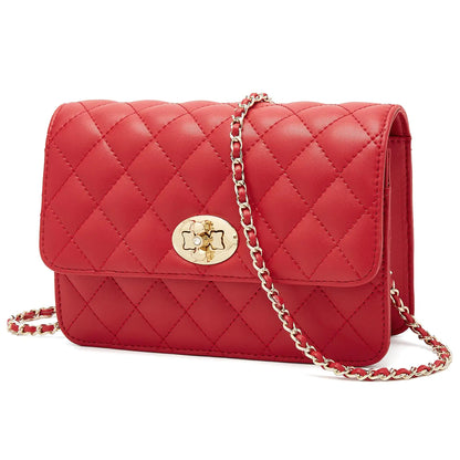 FOXLOVER Small Quilted Crossbody Bags for Women Cowhide Leather Metal Ball Adjustable Shoulder Chain Strap Twist Flap Lock