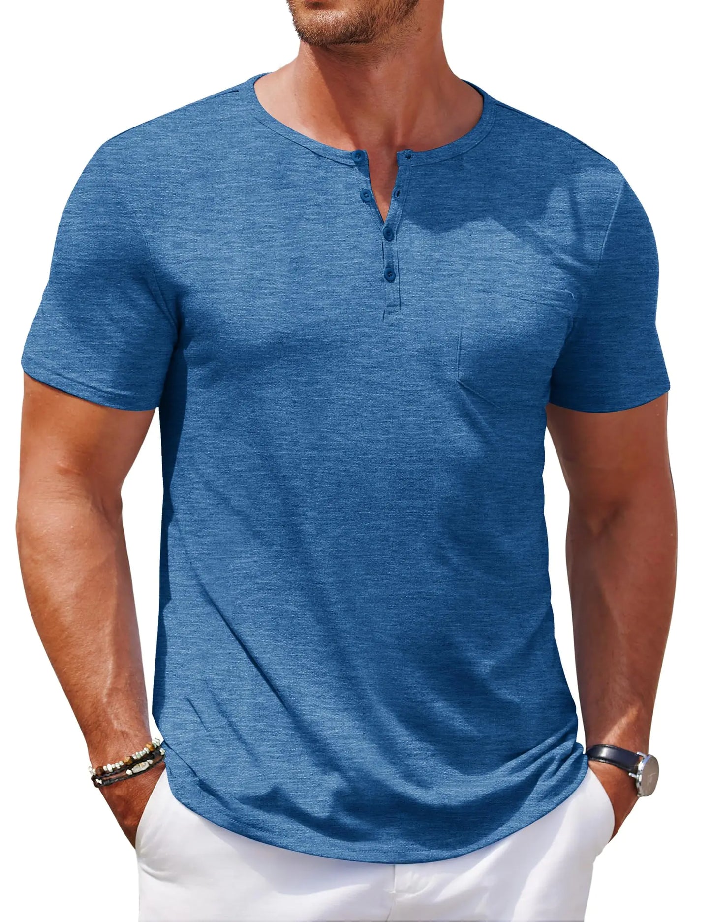 COOFANDY Mens Henley Shirts Short Sleeve Plain Summer T Shirt Casual Stylish Banded Collar Shirts Summer T Shirts with Pockets Blue
