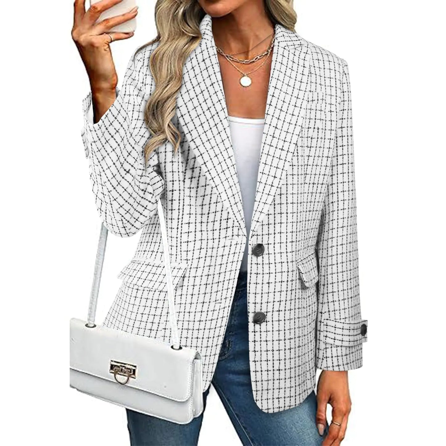 CCTOO Womens Tweed Blazers Casual Jackets Long Sleeve Oversized Open Front Plaid Blazer Jackets Work Suits with Pockets Plaid White XL