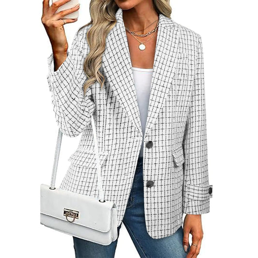 CCTOO Womens Tweed Blazers Casual Jackets Long Sleeve Oversized Open Front Plaid Blazer Jackets Work Suits with Pockets Plaid White XL