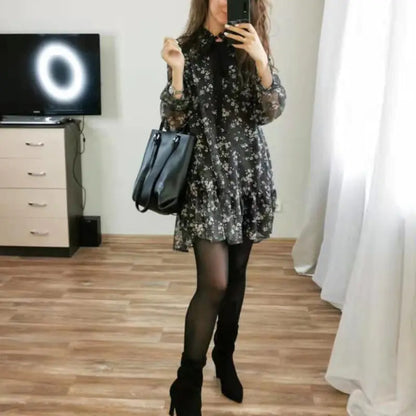 Fresh Floral Round Neck Long Sleeve Chiffon Dress