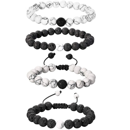 BBTO 4 Pieces Howlite Bracelet Lava Stone Diffuser Bracelet Couples Black Matte Agate Bracelet Couples Bracelet Set for Essential Oil