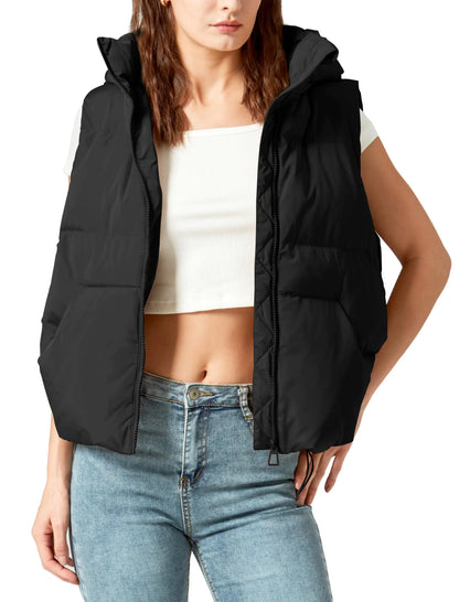 PUREPEAR Puffer Vest Women Sleeveless Zip Up Hooded Lightweight Jackets Padded Coats Black S