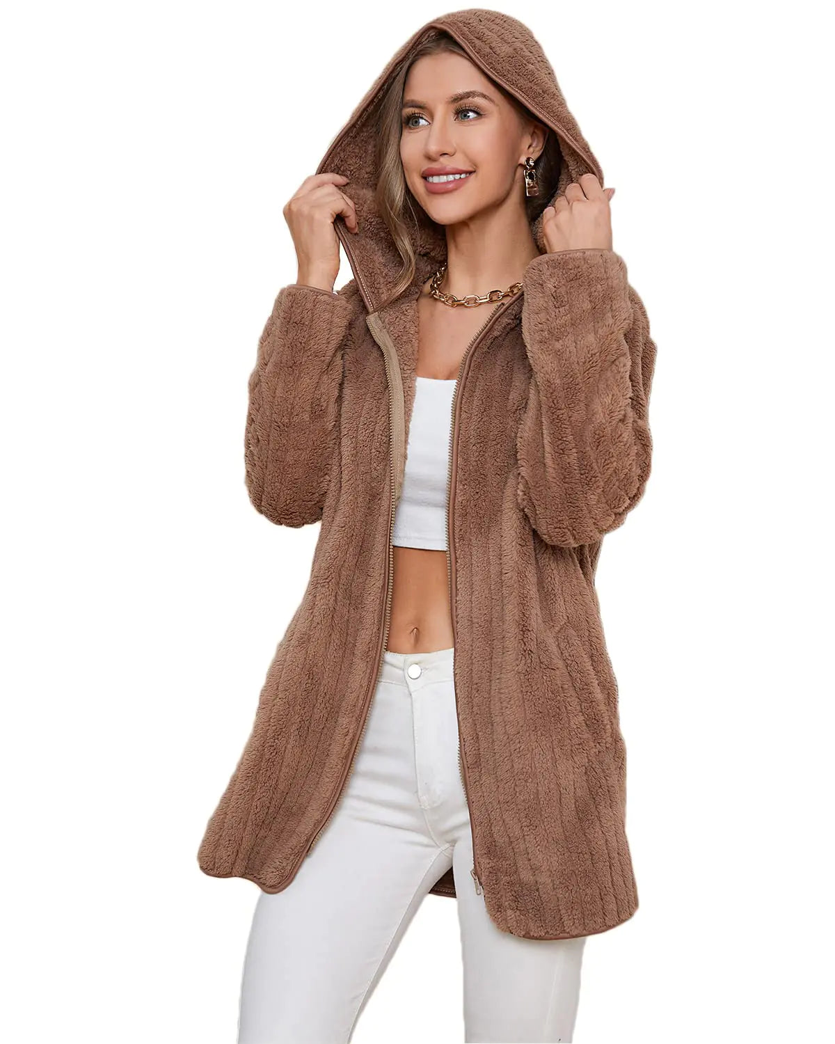 LY VAREY LIN Women Fleece Hooded Jacket Coat Sherpa Cardigan Jackets with Pockets