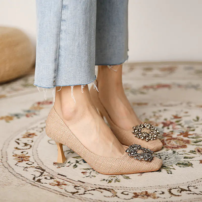 Korean Style Metal Buckle High Heel Shoes for Women