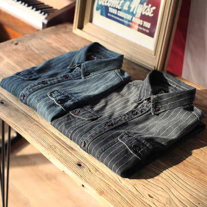 Retro Striped Denim Shirt - Long Sleeve Casual Coat