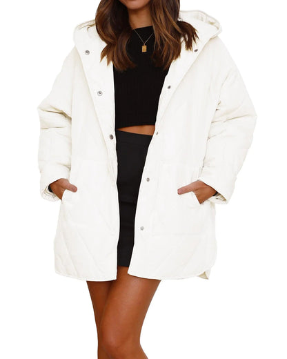 URMOSS Long Jackets for Women Fashion Lightweight Warm Winter Coats for Women Business Casual Button Down Diamond Quilted Hooded Puffer Jacket with Pockets White M