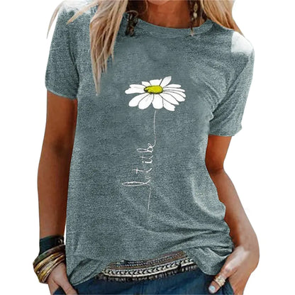 Embroidered Round Neck Chrysanthemum Print T-Shirt