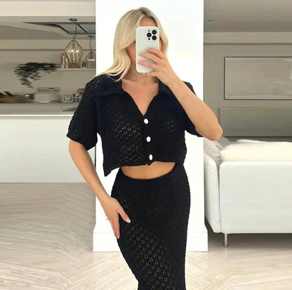 Knitted Crochet Two-Piece Skirt Set – Multi-Color Cardigan & Skirt