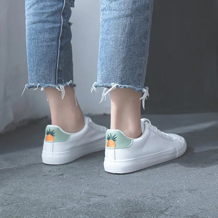 Breathable Flat Sneakers - Pineapple Design (White)