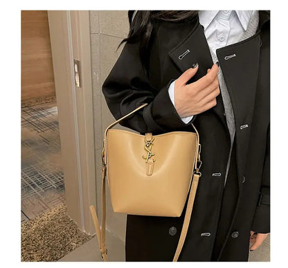 Synthetic Leather Zipper Bucket Shoulder Bag