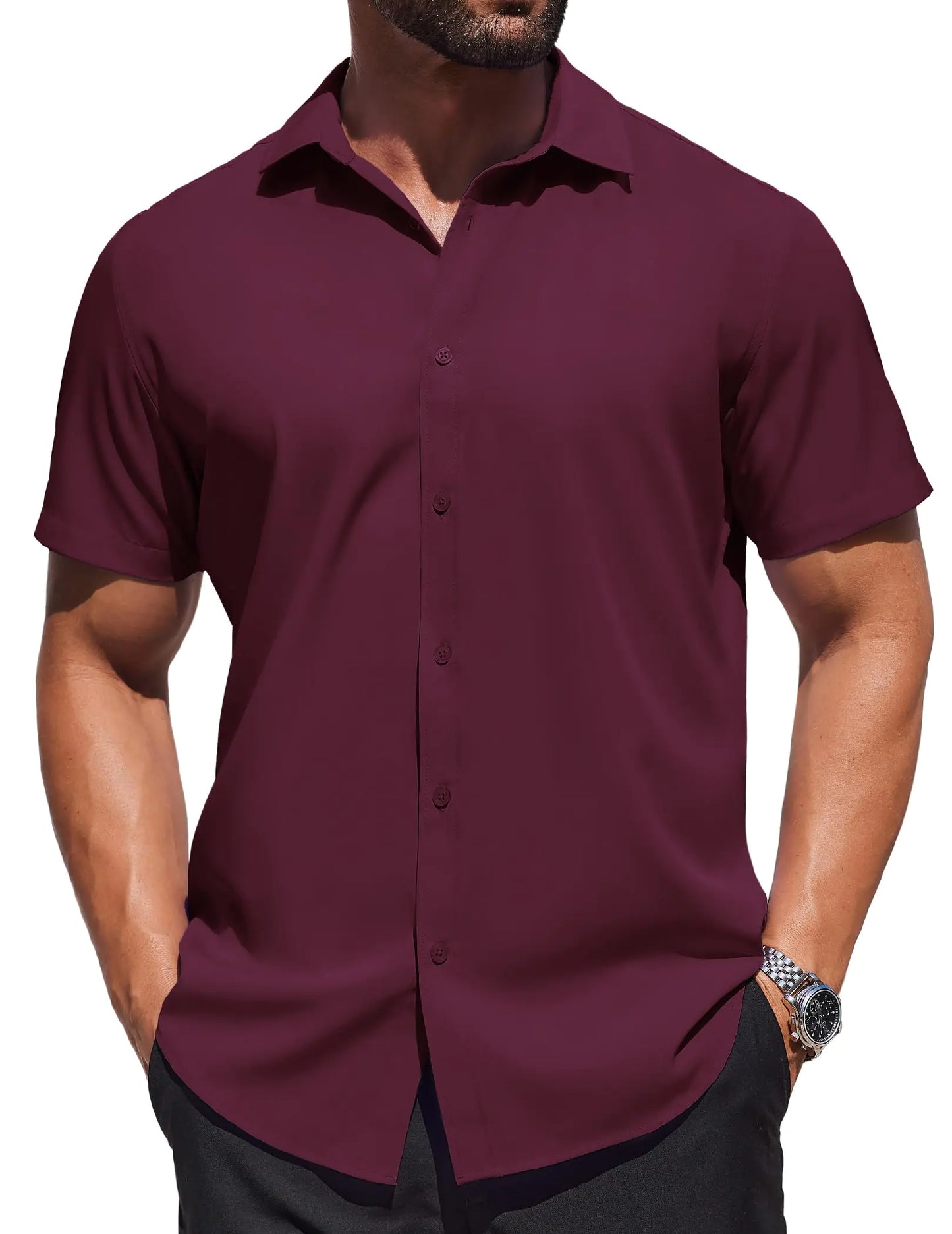 COOFANDY Mens Business Casual Shirt Short Sleeve Dress Shirts No Tuck Casual Button Up Wedding Shirts Deep Red