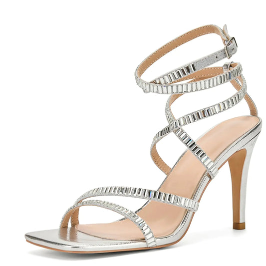 FRJRWomens Lace Up High Heels Open Toe Sandals Strappy Kitten Heel Rhinestone Sandals dress shoes for women Square Toe Buckle Prom Sexy Party Wedding Shoes