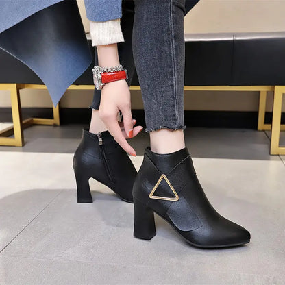 Chic Chunky Heel Pointed Toe Ankle Boots with Metal Decor
