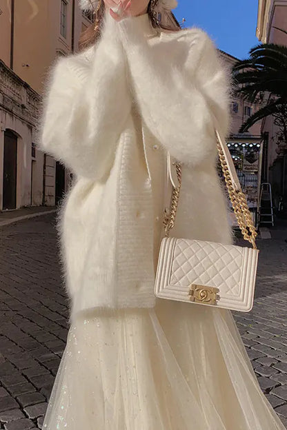 Women's White Mohair Cardigan Sweater for Fall/Winter