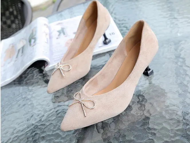 Vintage Velvet Bow High Heel Shoes with Pointed Toe