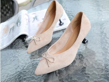 Vintage Velvet Bow High Heel Shoes with Pointed Toe