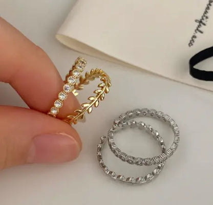 Vintage Metal Leaf Ring with Zircon for Women