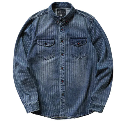 Retro Striped Denim Shirt - Long Sleeve Casual Coat