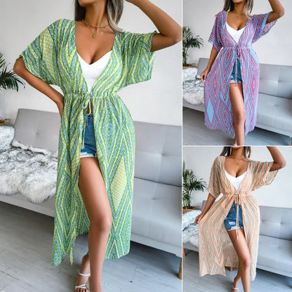 Women's Casual Printed Chiffon Cardigan with Lace-up