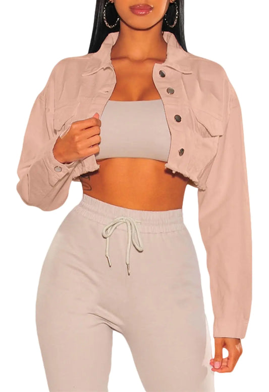 Womens Cropped Denim Jackets Long Sleeve Ripped Destroyed Wash Crop Top Jean Jackets