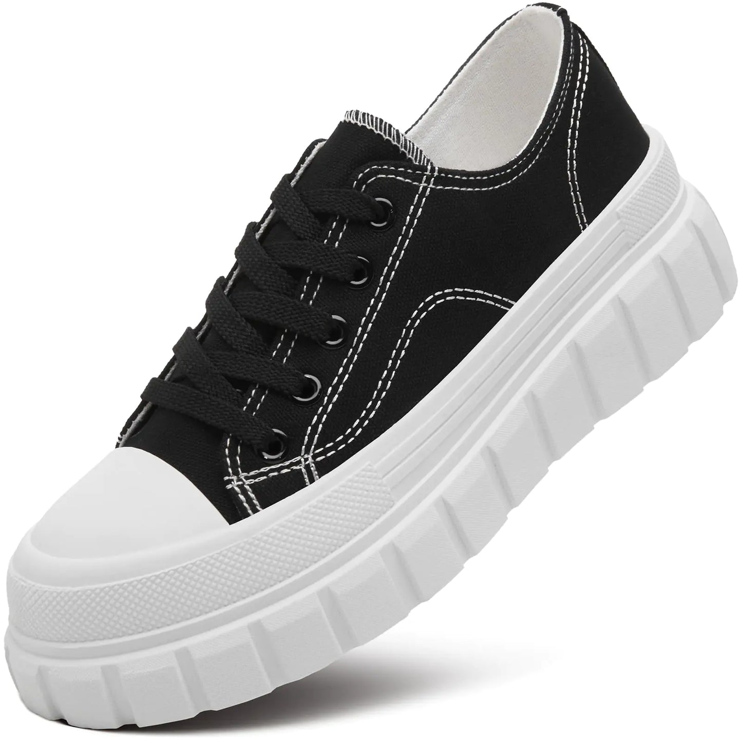 HYPOCRUTE Platform Sneakers for Women Low Top Canvas Shoes Womens Lace Up Platform Shoes Casual Walking Shoes for Women（BlackUS6）