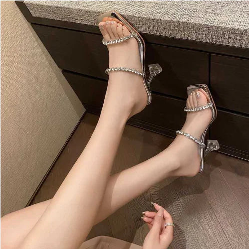 Rhinestone Square Toe High Heel Sandals and Slippers