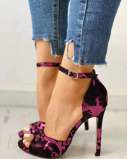 Fashionable High Heels with Snake Print and Buckle