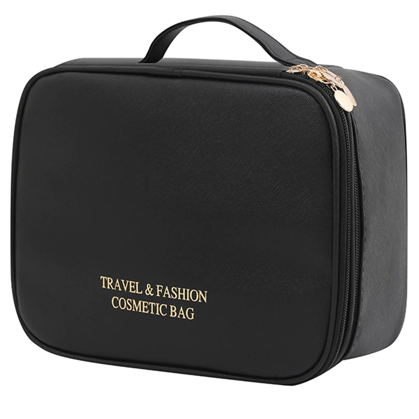 Anserlywin Large Capacity Makeup Bag Double Layer Cosmetic Bag Organizer Travel Make Up Bags for Women Girl Portable Leather Waterproof Toiletry Bags with Removable Divider (black)