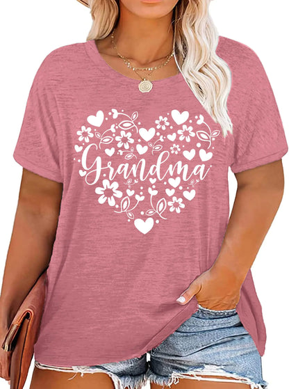 Plus Size Grandma Shirts for Women Grandma Heart Tshirt Mama Floral Tees Casual Short Sleeve Tops(Pink5XL)