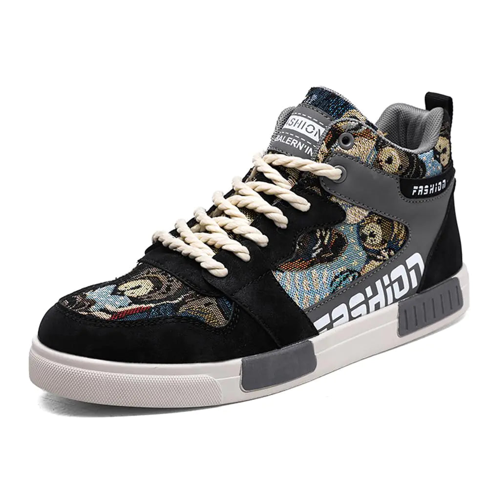 WELRUNG Mens Fashion High Top Chinese Style Skate Sneakers Stylish Comfortable Skateboarding Road Running Walking Shoes Size 8.5 Black Grey