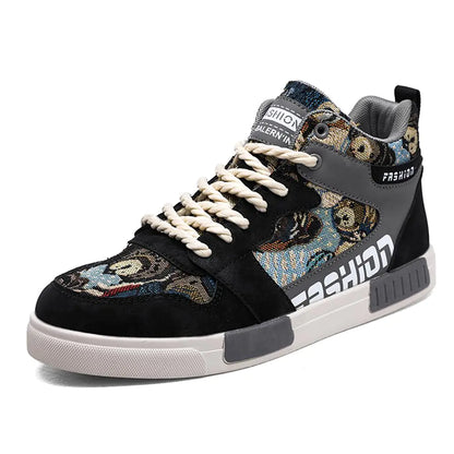 WELRUNG Mens Fashion High Top Chinese Style Skate Sneakers Stylish Comfortable Skateboarding Road Running Walking Shoes Size 8.5 Black Grey