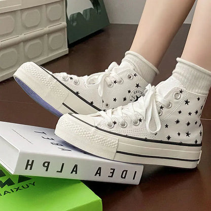 Star Embroidered High-Top Canvas Shoes for Women 2023