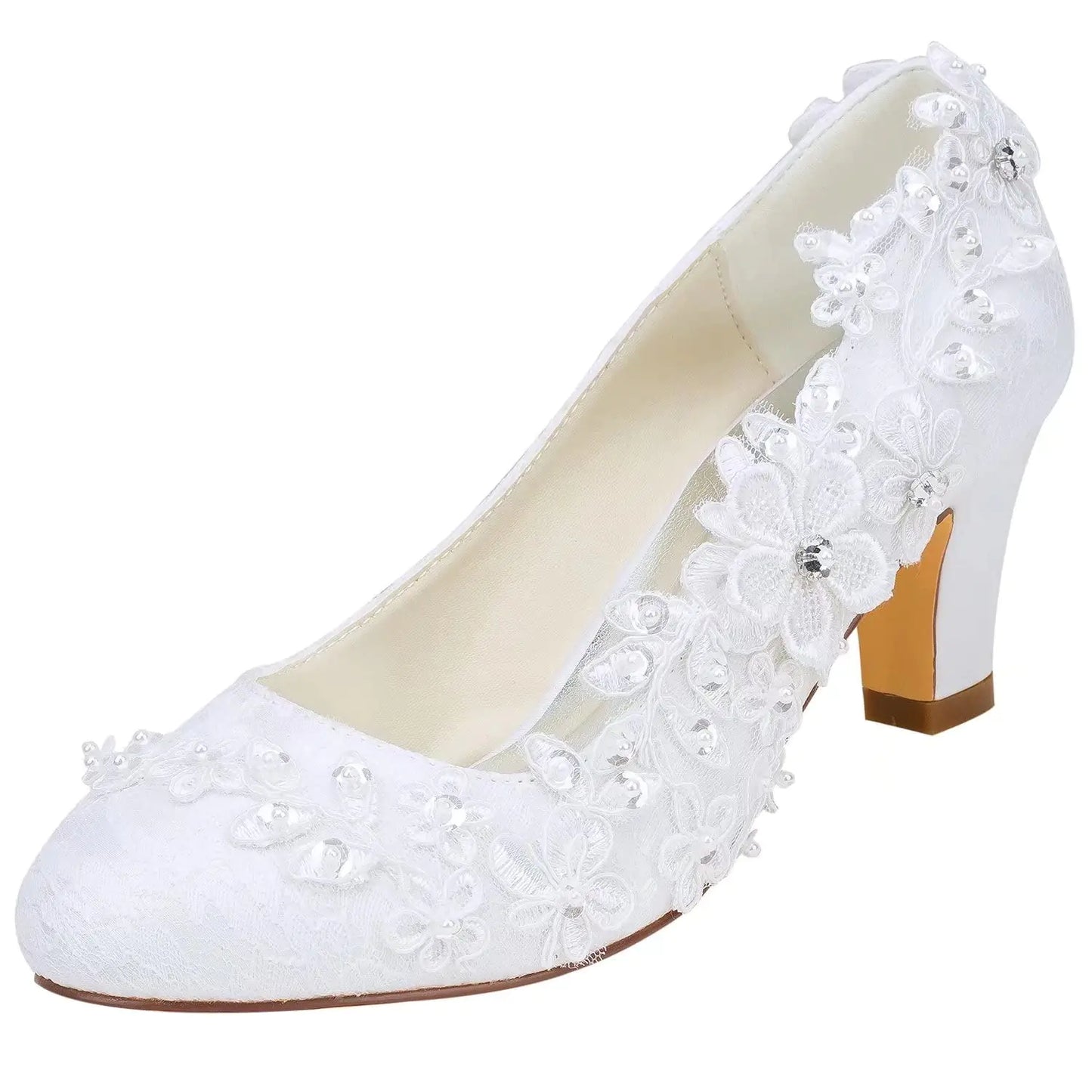 Emily Bridal 1505-1B Womens Wedding Shoes Closed Toe 2.56 Inches Chunky Heel Lace Satin Pumps with Rhinestone Lace Flower Bridal Shoes (EU35/5 B(M) US White)