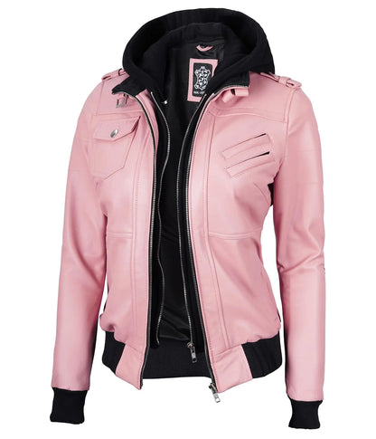 Decrum Leather Jacket with Hood - Women Leather Jackets | [1327011] Edinburgh Pink XS