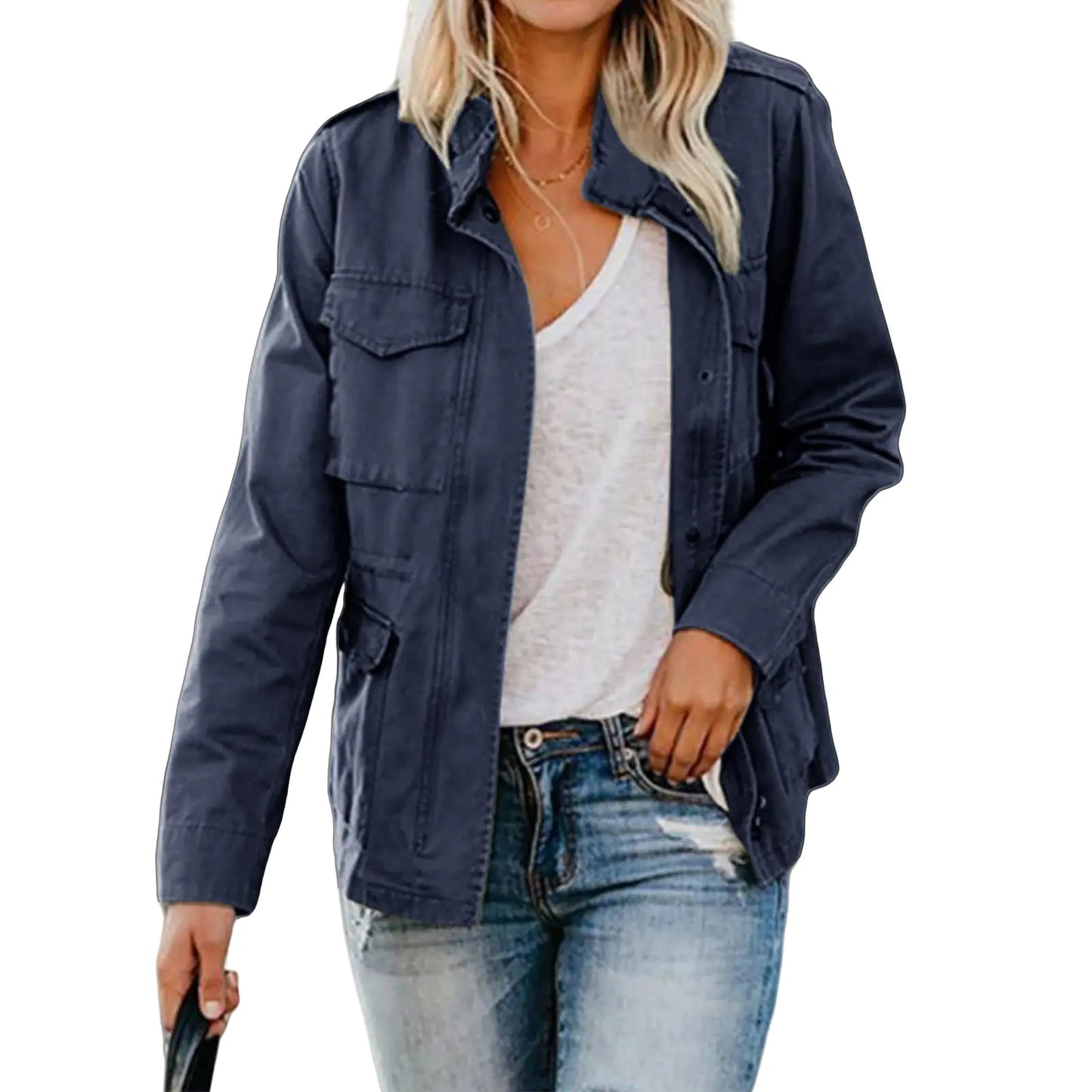 Women Military Anorak Jackets Lightweight Zip Up Utility Cargo Coats Casual Long Sleeve Snap Buttons Safari Outwear
