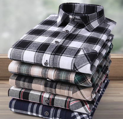 Casual Long-sleeved Plaid Brushed Shirt