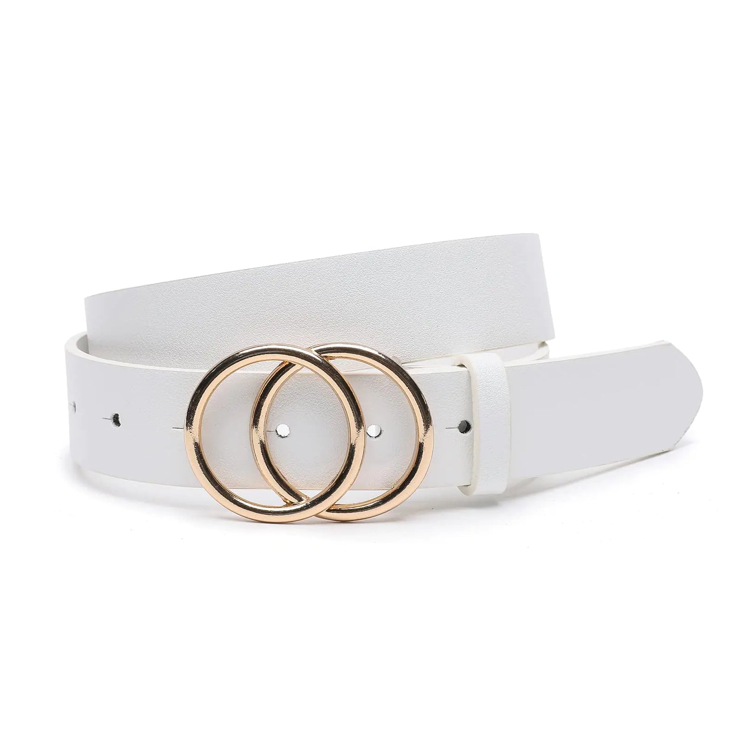 IFENDEI Women Faux Leather Belt for Jeans Dress Waist Belts with Gold Ring Buckle White Large