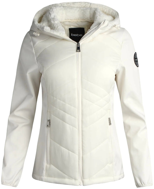 bebe Womens Softshell Jacket - Full Zip Up Hooded Quilted Jacket for Women - Lightweight Casual Womens Winter Jackets (S-XL) Size Small Off White