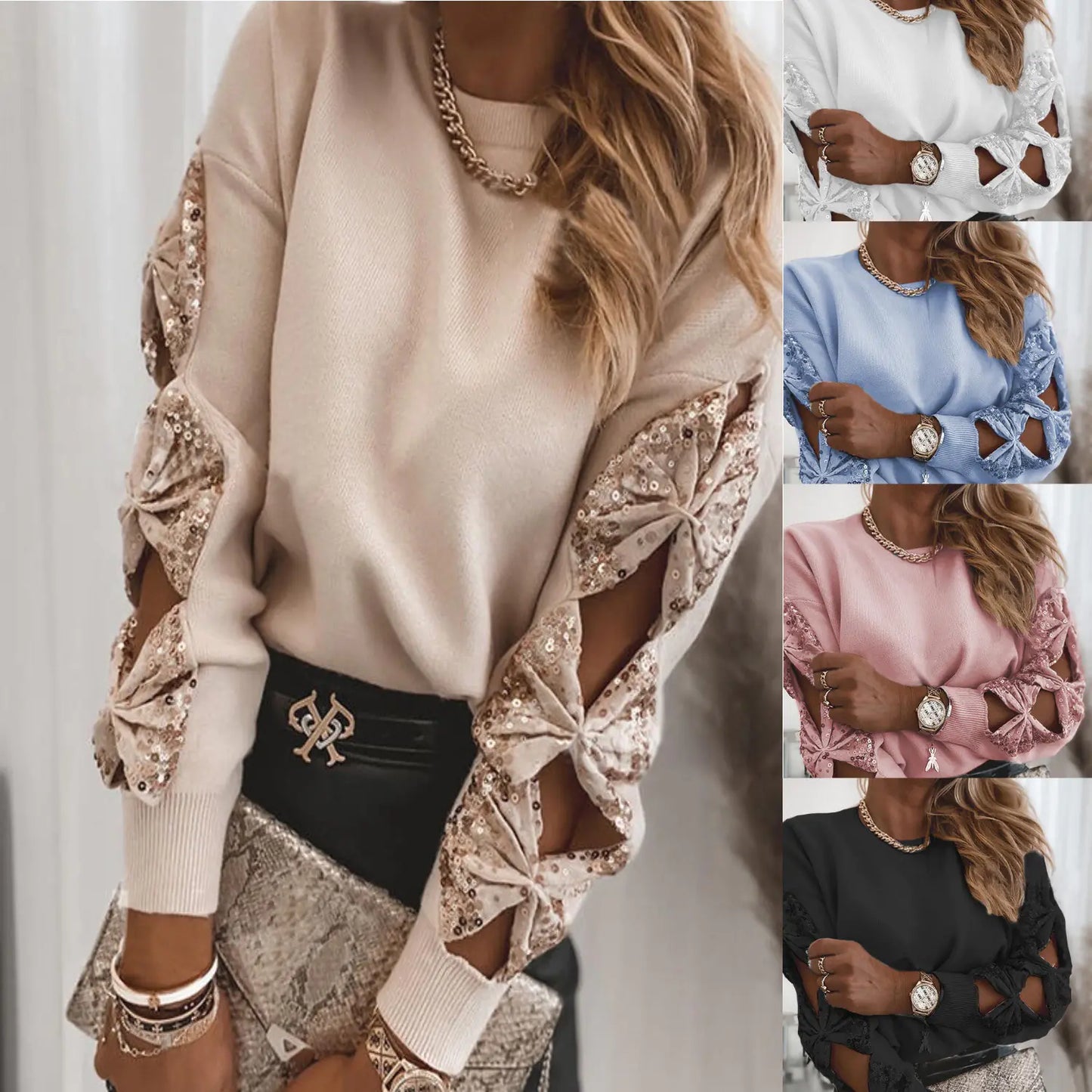 Embroidered Sequin Long-Sleeved T-Shirt