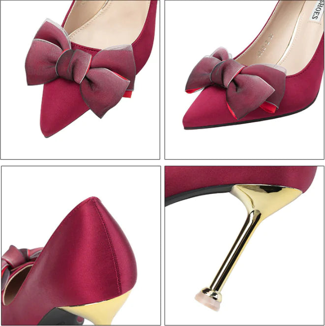 Stylish Satin Pointed Toe High Heels with Bow
