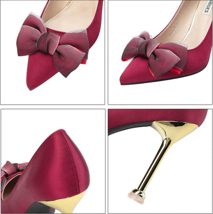 Stylish Satin Pointed Toe High Heels with Bow