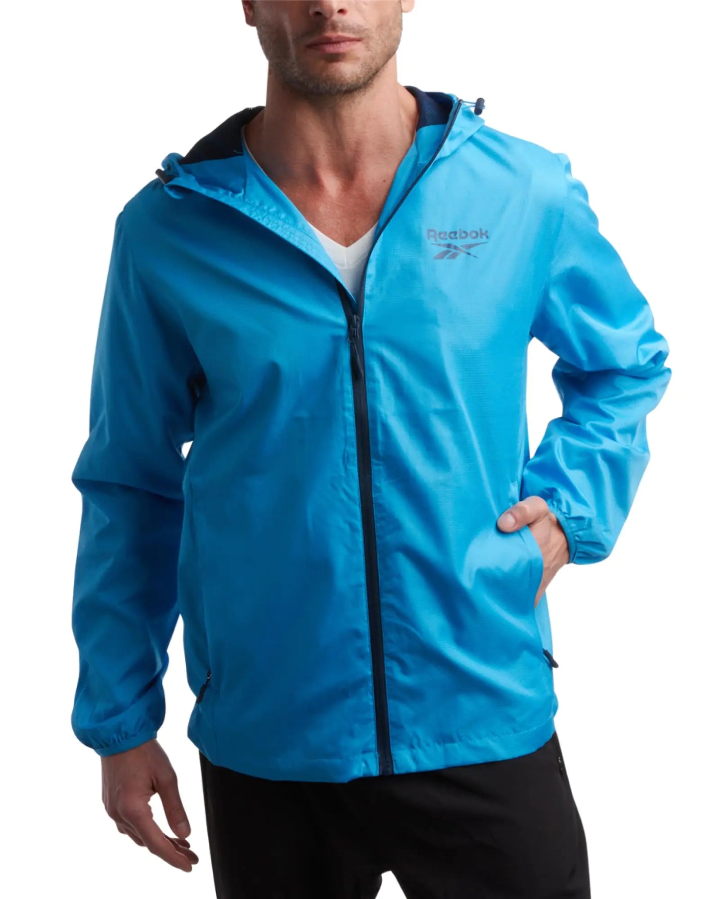 Reebok Mens Jacket - Wind and Water Resistant Full Zip Sherpa Lined Hooded Windbreaker Jackets for Men (Sizes: S-XL) Size Medium Sky Blue/Navy
