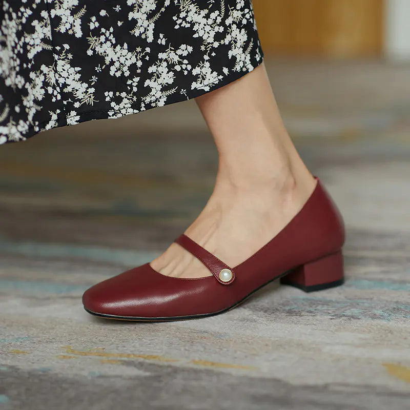 Vintage Chunky Heel Mary Jane Leather Shoes for Women