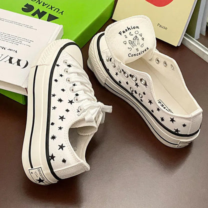 Star Embroidered High-Top Canvas Shoes for Women 2023